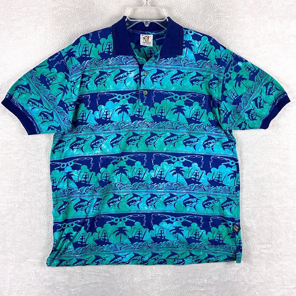VTG Rum Reggae Polo Shirt Mens M Blue Green Fish Beach Tropical Aloha Tiki 90s